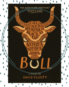 The cover of the novel Bull with an orange head of a bull filled with words.