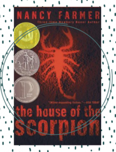 The cover for The House of the Scorpion featuring a red silhouette of a scorpion.