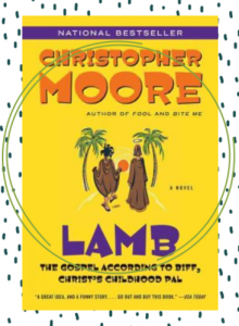 The cover of the novel Lamb featuring two men in brown robes walking into the distance with a yellow background.