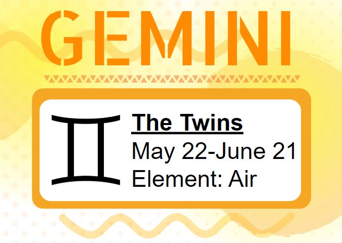 image that gives a chart of gemini info including the symbol, the twins, birthdays may 22nd through june 21, and the element air