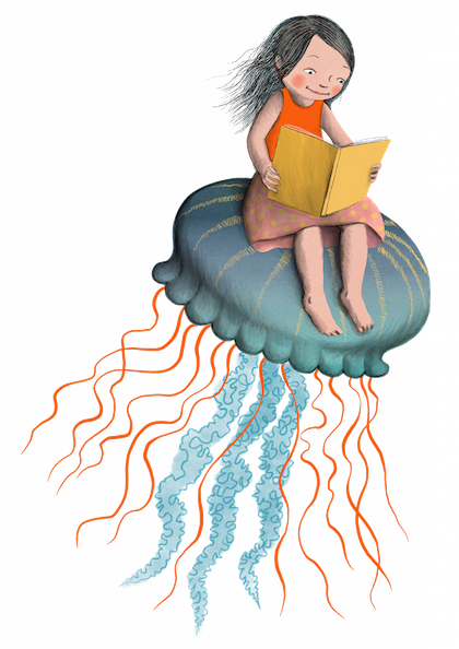 Little girl sitting on a jellyfish while reading a book