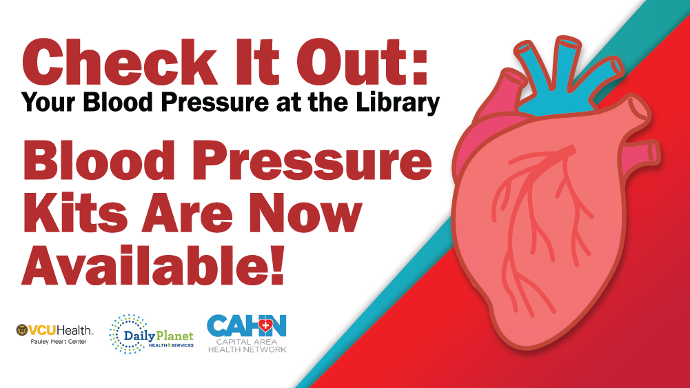 Illustration of a human heart with text that reads Blood Pressure Kits Are Now Available!
