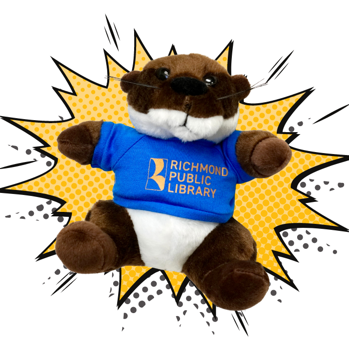 Otter plushy wearing a Richmond Public Library Shirt