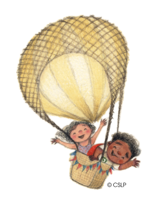 Two children in a hot air balloon