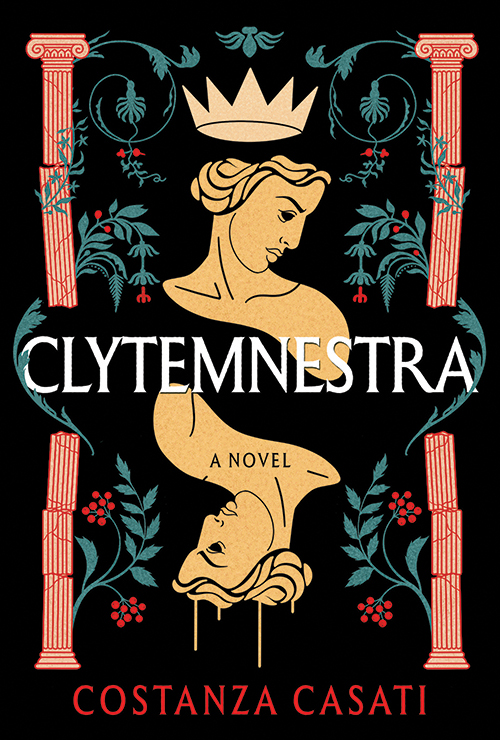 Black book cover with mirrored illustration of Clytemnestra surrounded by foliage. 