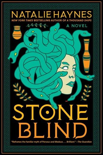 Dark green book cover featuring an illustration of Medusa's face and head of snakes. 