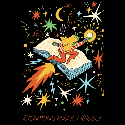 Starry Reader 400 Square A person with a library card soaring through space on a book.