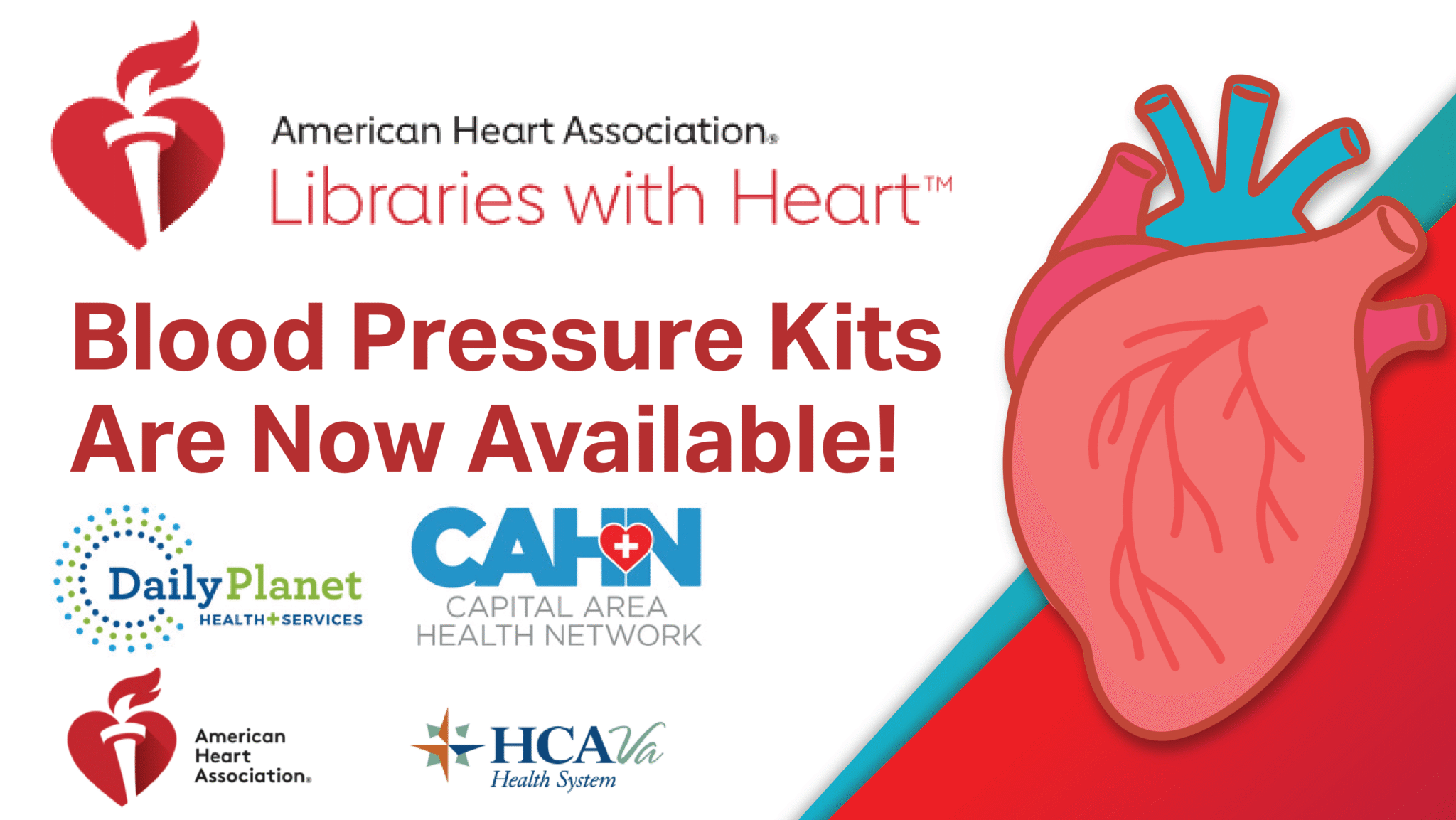 Illustration of a human heart with text that reads Blood Pressure Kits Are Now Available!