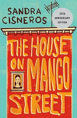Book cover of "The House on Mango Street" by Sandra Cisneros. Mango colored house with girl looking out of window against teal background.