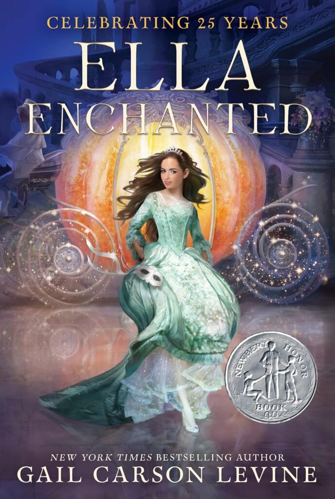 Book cover of "Ella Enchanted" celebrating 25 years. A girl in a flowing green dress runs past a glowing pumpkin carriage
