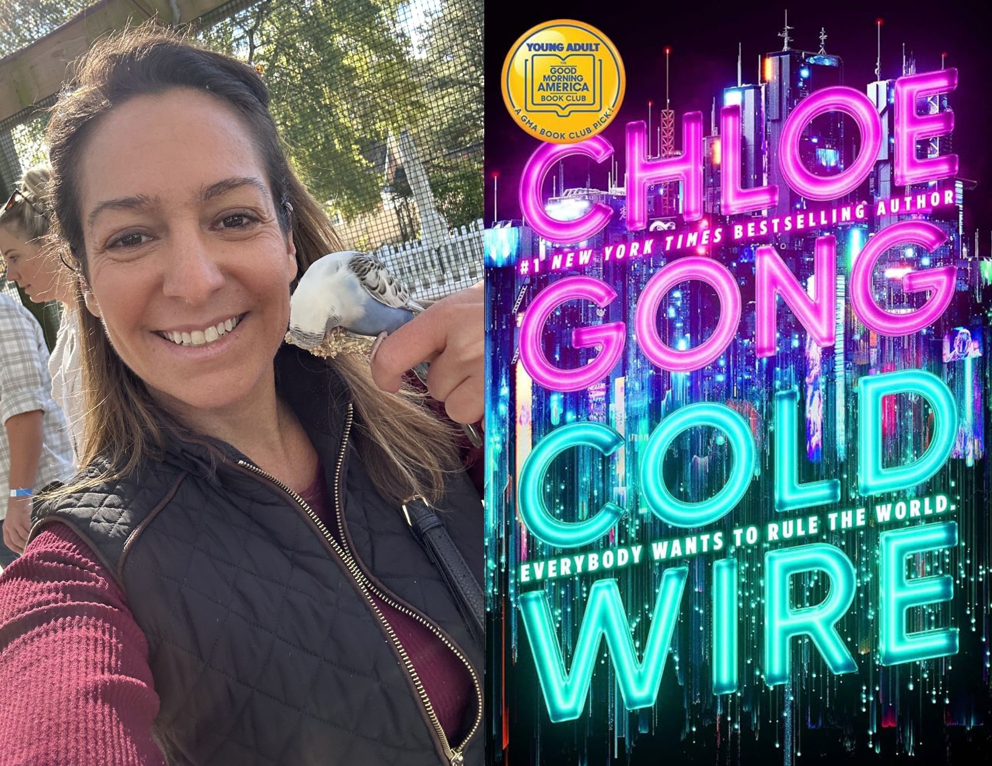 Photo of Lauren Clementi, a youth services associate at the Main branch, beside the cover of Coldwire by Chloe Gong.