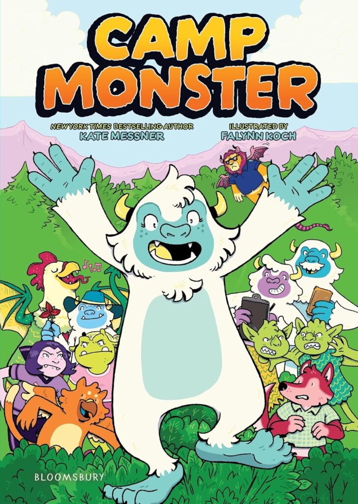 Book cover for "Camp Monster" by Kate Messner. A cheerful yeti surrounded by playful, colorful monsters in a lush forest setting.