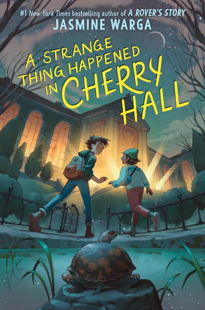 Book cover for "A Strange Thing Happened in Cherry Hall" by Jasmine Warga. Two kids walk toward a mysterious glowing mansion at night, surrounded by trees. 