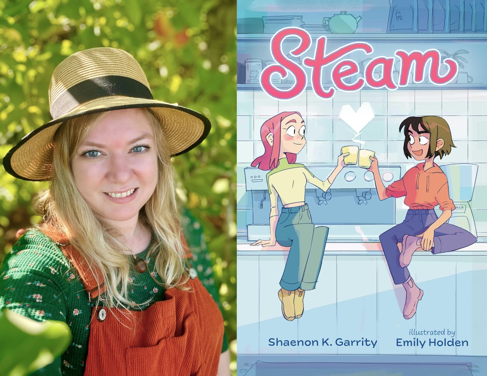 Photo of Genevievre Wood, the Young Adult Coordinator at Richmond Public Library, beside the cover of Steam by Shaenon K. Garrity.