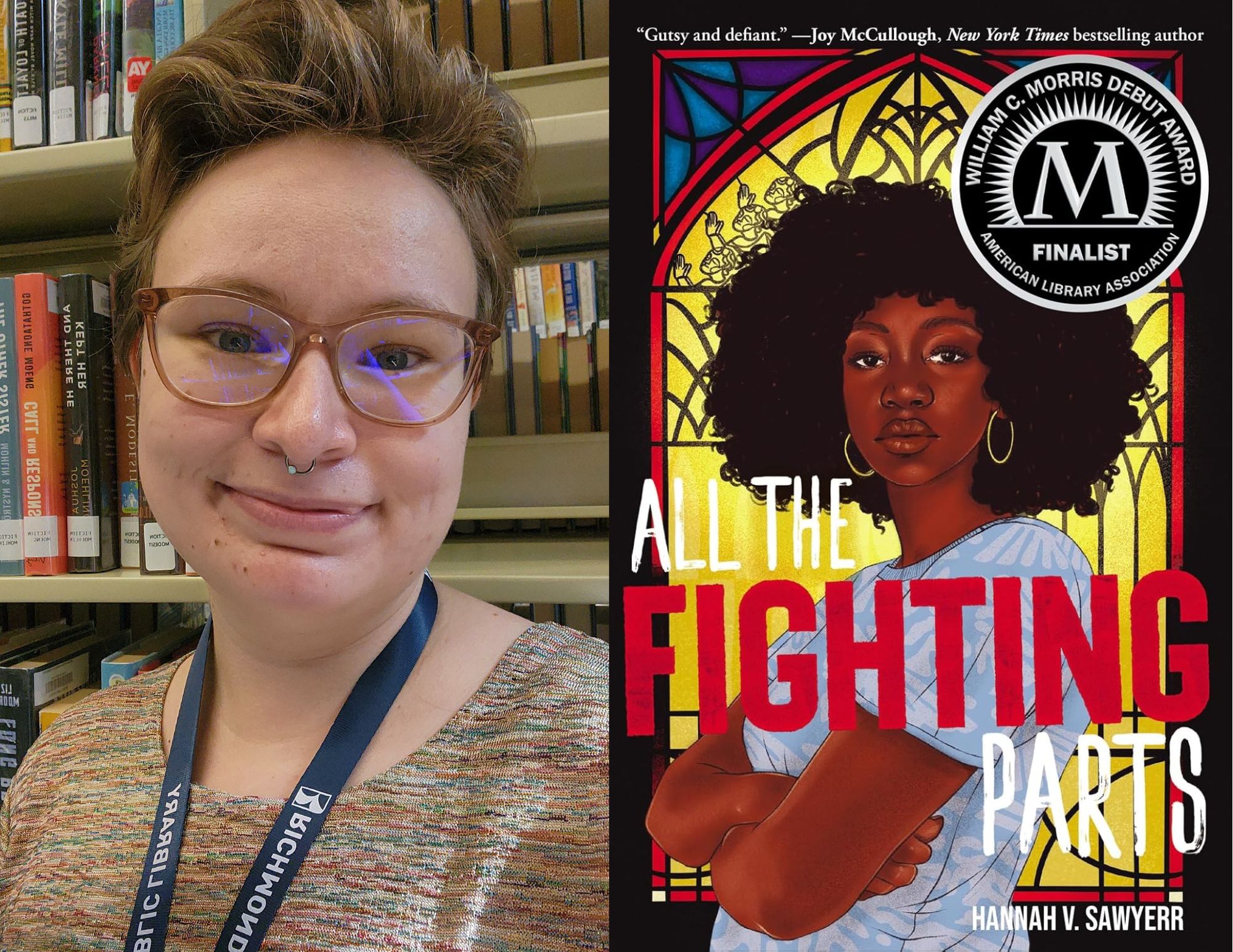 Photo of Kayleigh McCoy, a young adult associate at the Ginter Park branch, beside the cover of All the Fighting Parts by Hannah v. Sawyerr.
