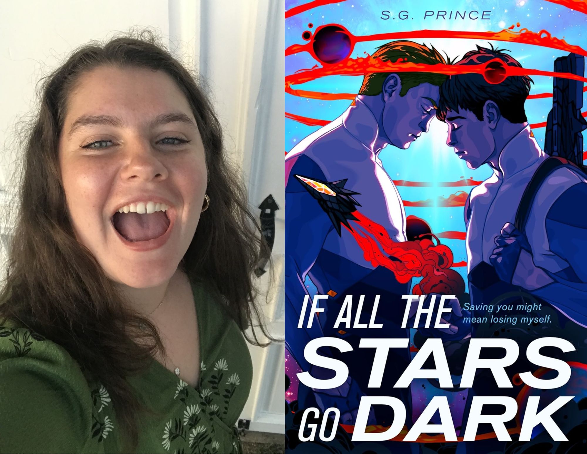 Photo of Lila Derrico, a youth services intern at the Main branch, beside the cover of If All the Stars Go Dark by S.G. Prince.