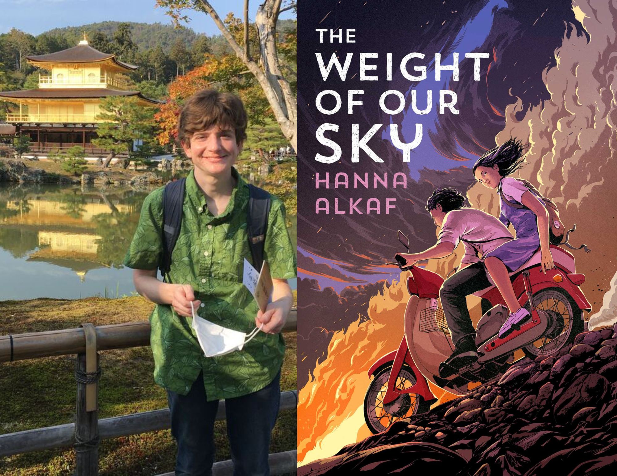 Photo of Rachel Condon, a youth services librarian at the Ginter Park branch, beside the cover of The Weight of Our Sky by Hanna Alkaf.