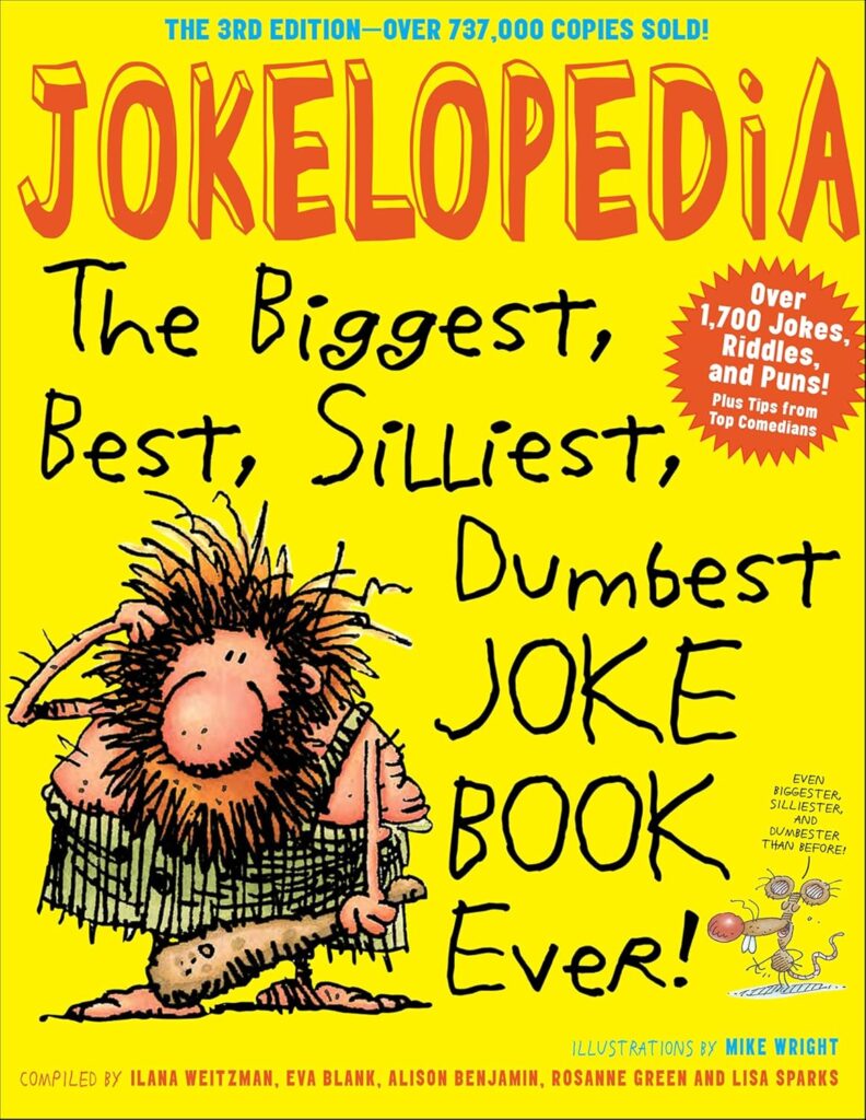 Cover of “Jokelopedia,” by Ilana Weitzman. The cover features a hairy cartoon caveman.