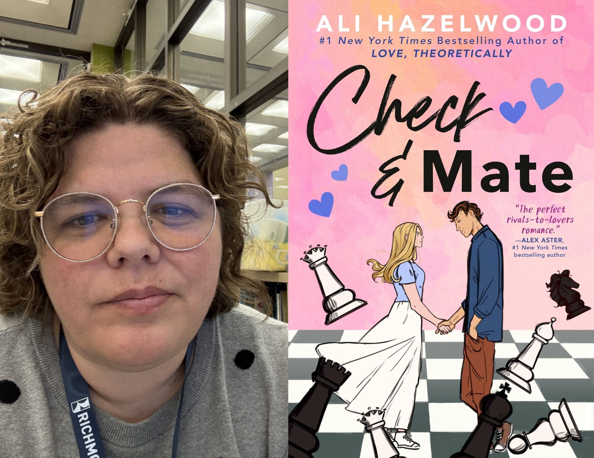 Photo of Adriane Marshall, a youth services librarian at the Hull Street Branch, beside the cover of Check & Mate by Ali Hazelwood.