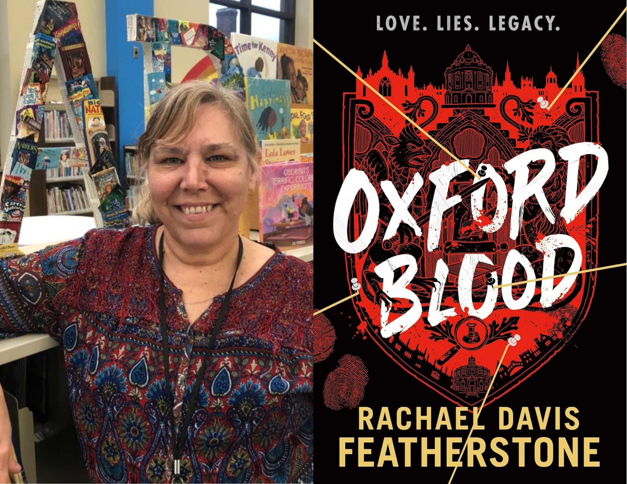 Photo of Beth Morris, the Library/Community Services Manager at the Main Library next to the book cover for "Oxford Blood" by Rachael Davis.