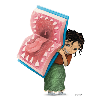 Drawing of a child holding a large book that has teeth and a tongue.