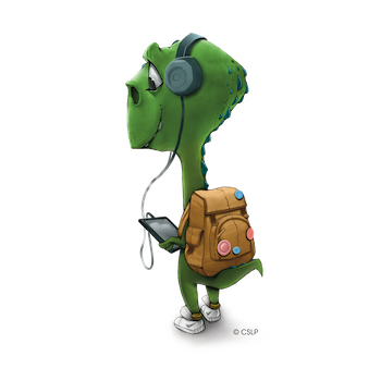 Illustration of a Dinosaur listening to their tablet with headphones.
