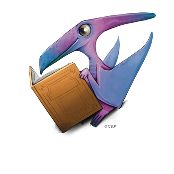 Illustration of a young pterodactyl reading a book.