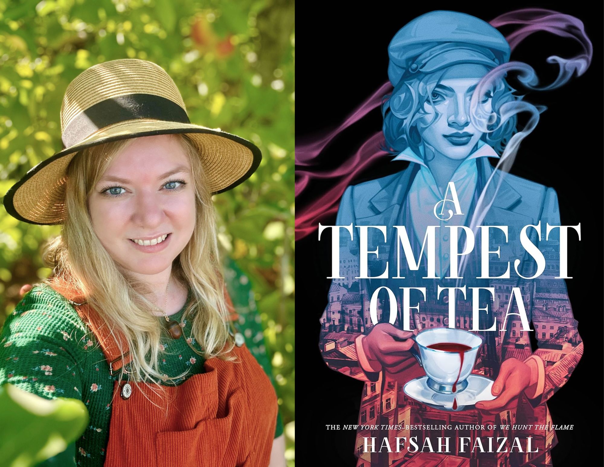 Photo of Genevievre Wood, the Young Adult Coordinator at Richmond Public Library, beside the cover of A Tempest of Tea by Hafsah Faizal.