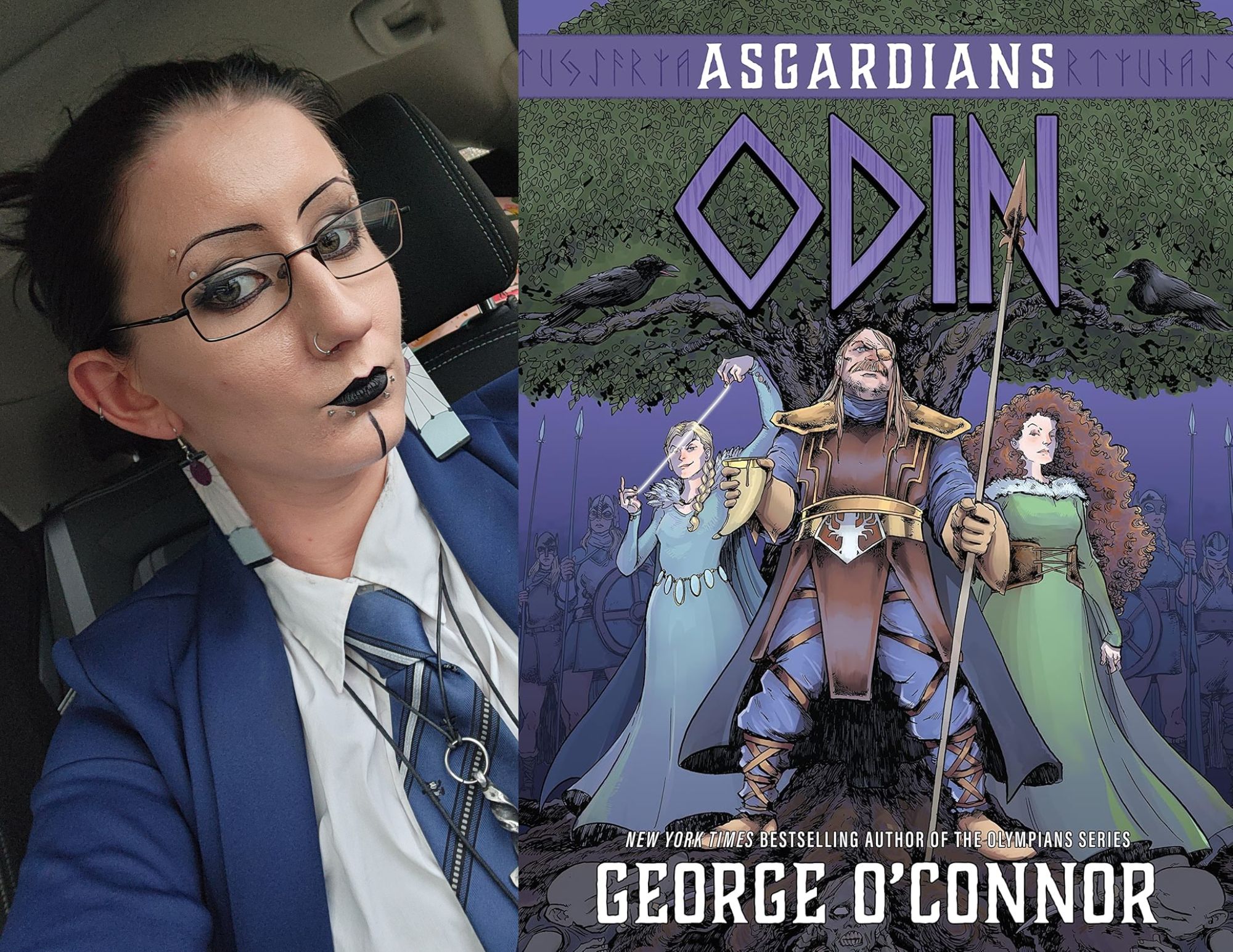 Photo of Kelli Young-Kravitz, a young adult associate at the North Avenue branch, beside the cover of Odin by George O'Connor.
