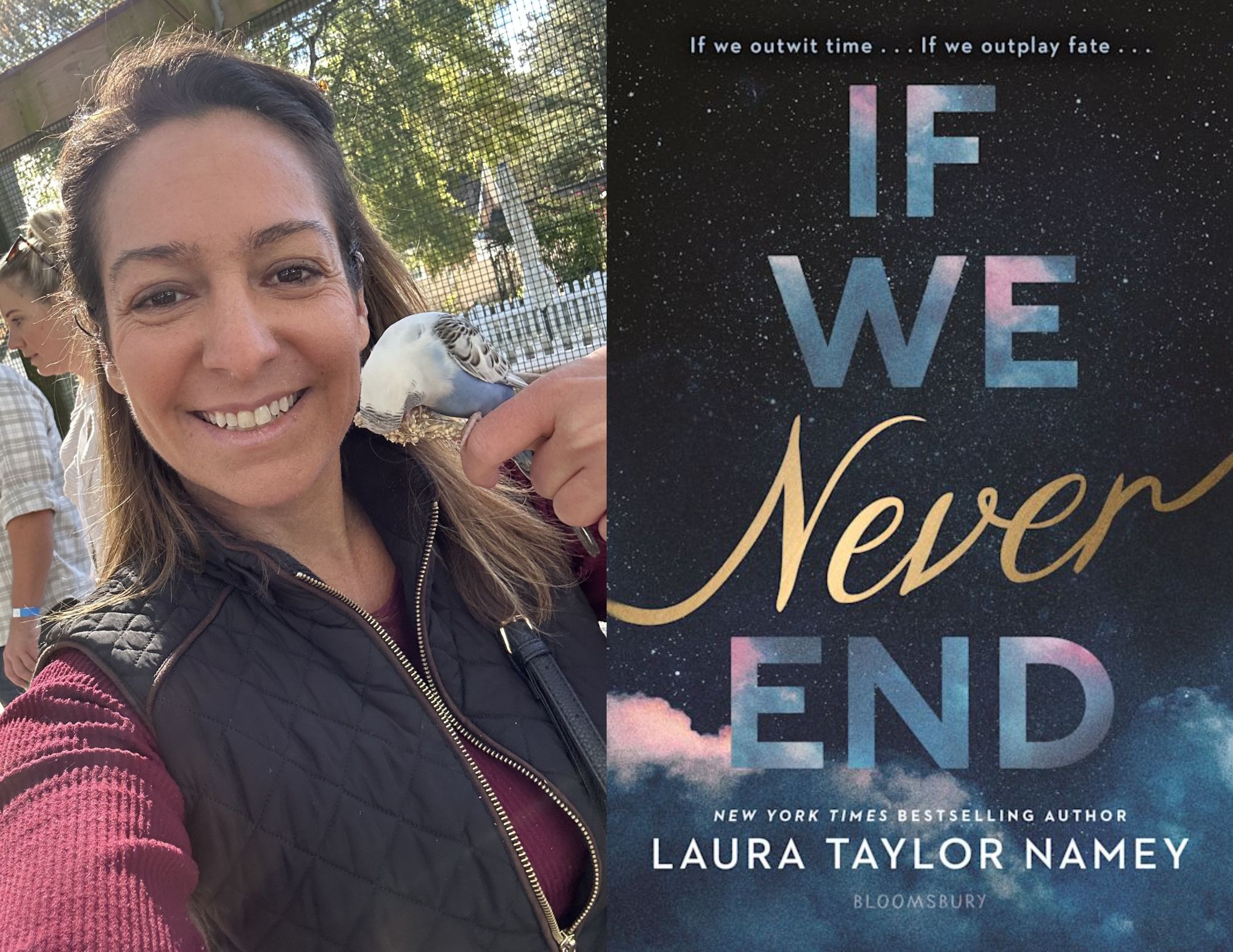 Photo of Lauren Clementi, a youth services associate at the Main branch, beside the cover of If We Never End by Laura Taylor Namey. 