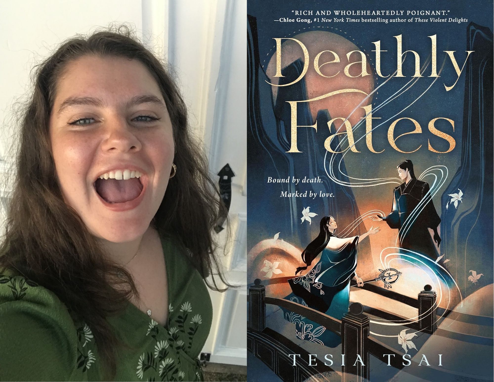 Photo of Lila Derrico, a youth services intern at the Main branch, beside the cover of Deathly Fates by Tesia Tsai.