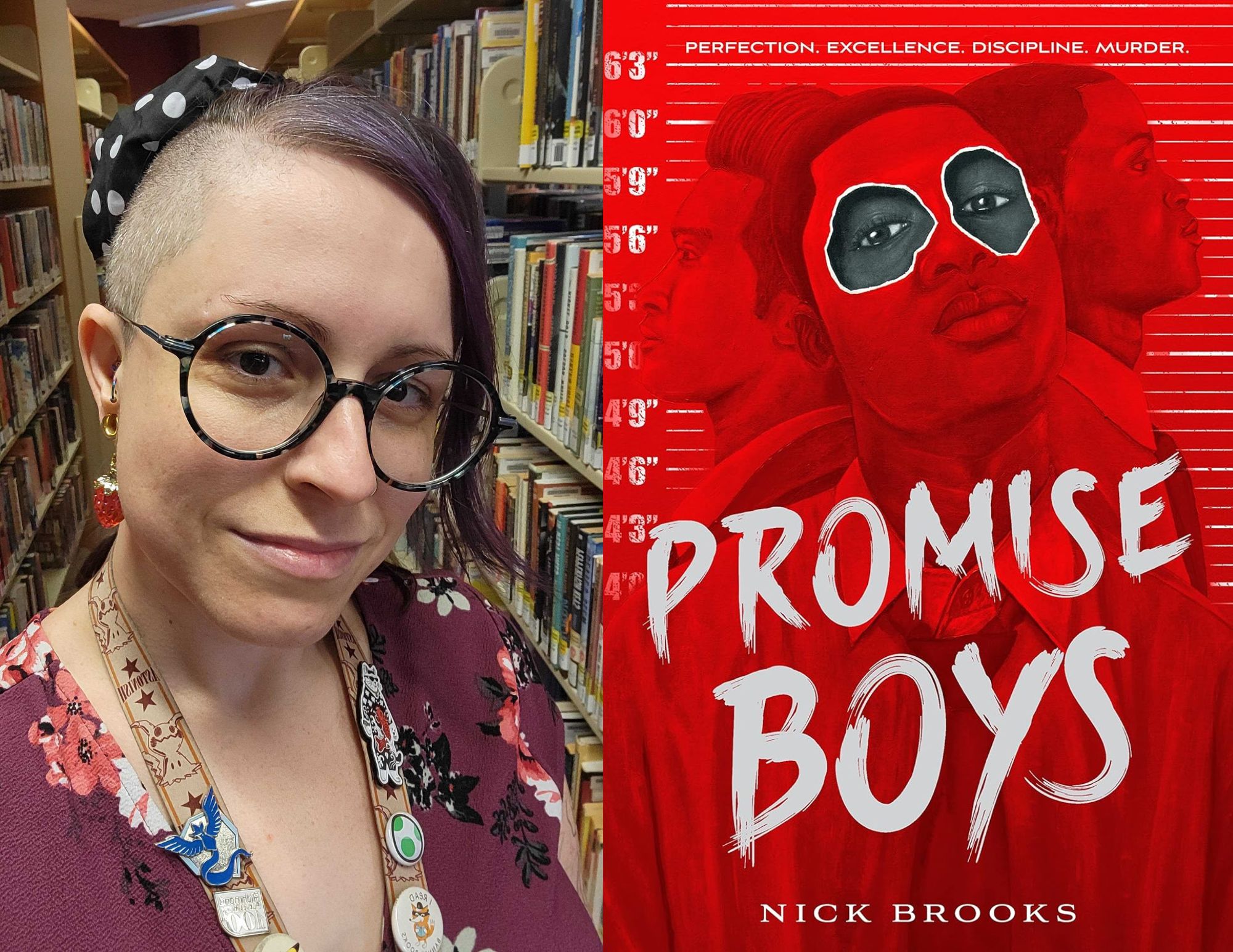 Photo of Nicole Byers, a young adult associate at the East End branch, beside the cover of Promise Boys by Nick Brooks.