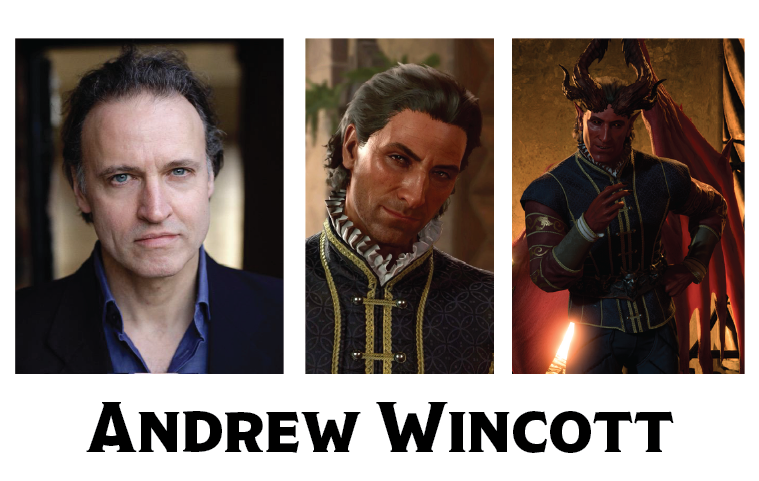 Photo of Andrew Wincott next to Illustrations of characters he has voiced.