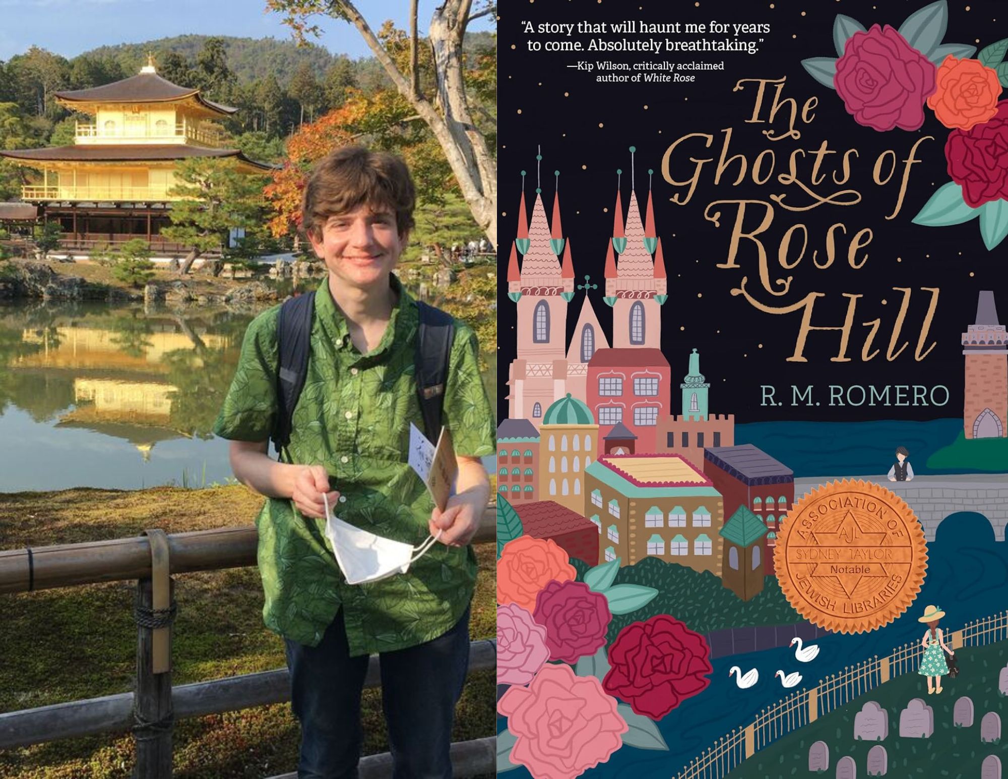 Photo of Rachel Condon, a youth services librarian at the Ginter Park branch, beside the cover of The Ghosts of Rose Hill by R.M. Romero.