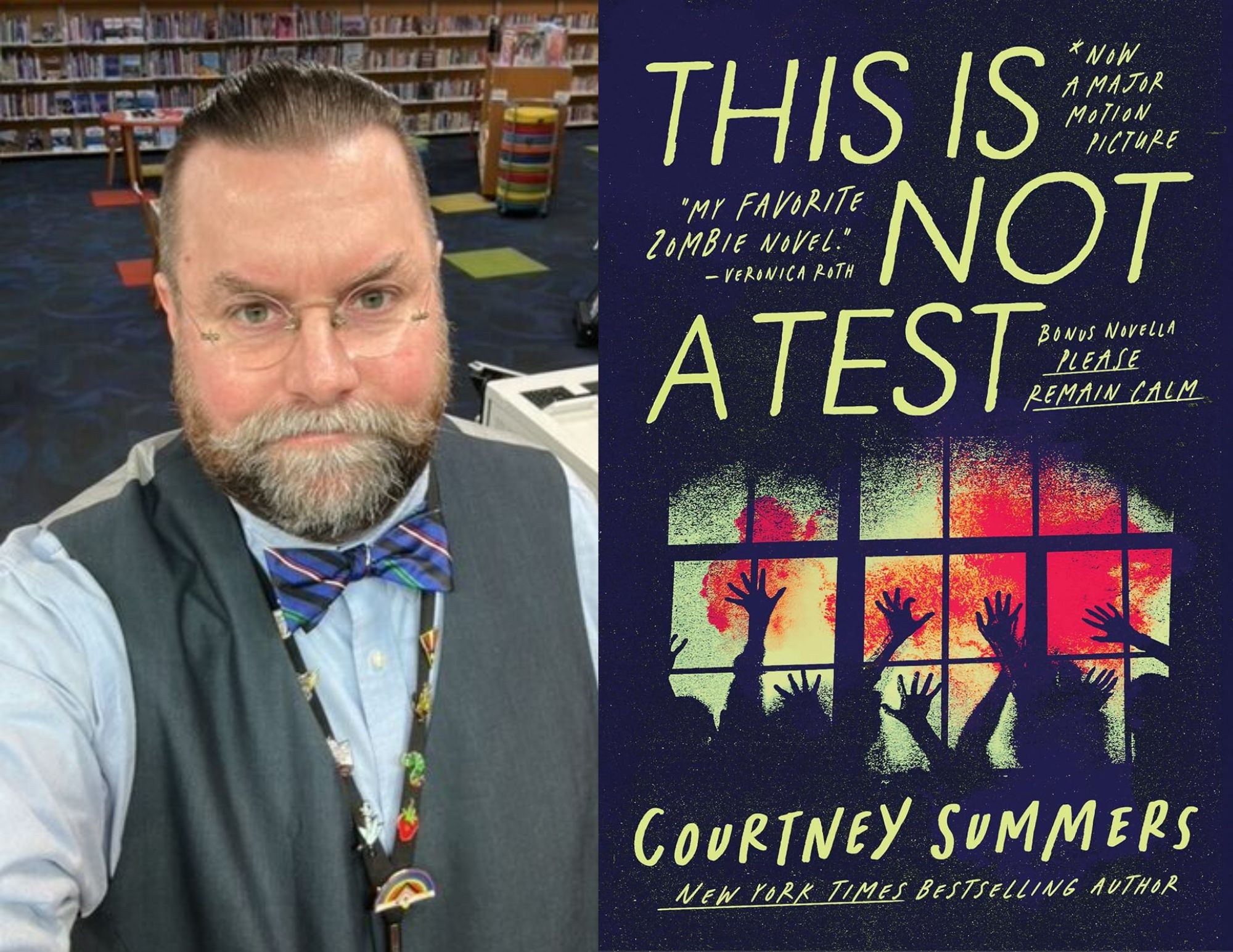 Photo of Richard Wissmiller, a youth services librarian at the North Avenue Branch, beside the cover of This Is Not a Test by Courtney Summers.