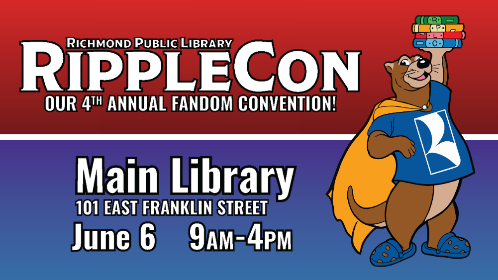 Graphic advertising RippleCon featuring Ripple the library's mascot in a yellow cape and holding a stack of books.