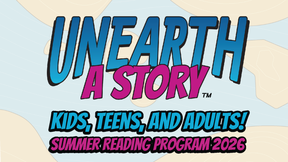 Graphic for Summer Reading Program 2026 featuring blue and fuchsia text against a topographical-looking background. 