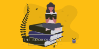 Graphic of a person reading on top of a stack of books. Text says The Bookologist.