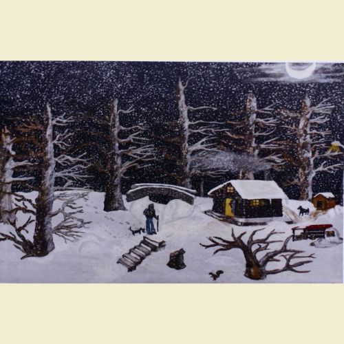 Landscape painting of a snowy cabin.