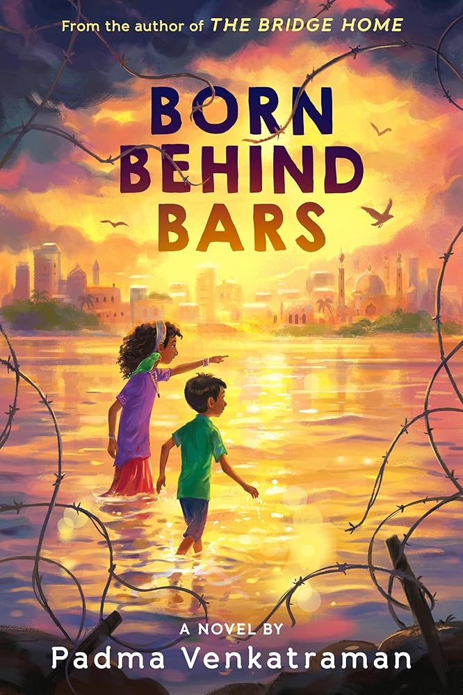 Cover for "Born Behind Bars" by Padma Venkatraman. CCover features tow kids in the water with a city scape in the background.