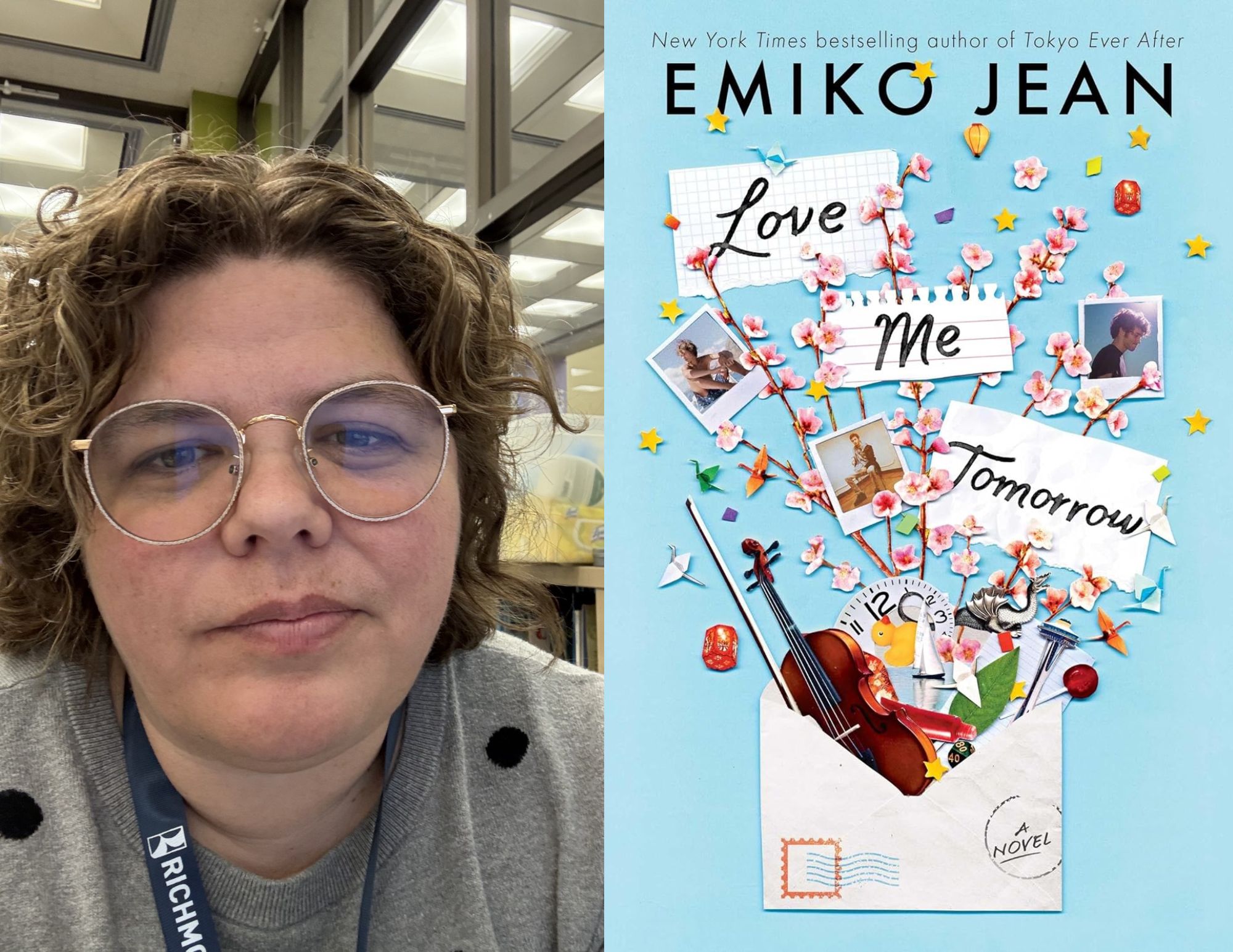 Photo of Adriane Marshall, a youth services librarian at the Hull Street Branch, beside the cover of Love Me Tomorrow by Emiko Jean.