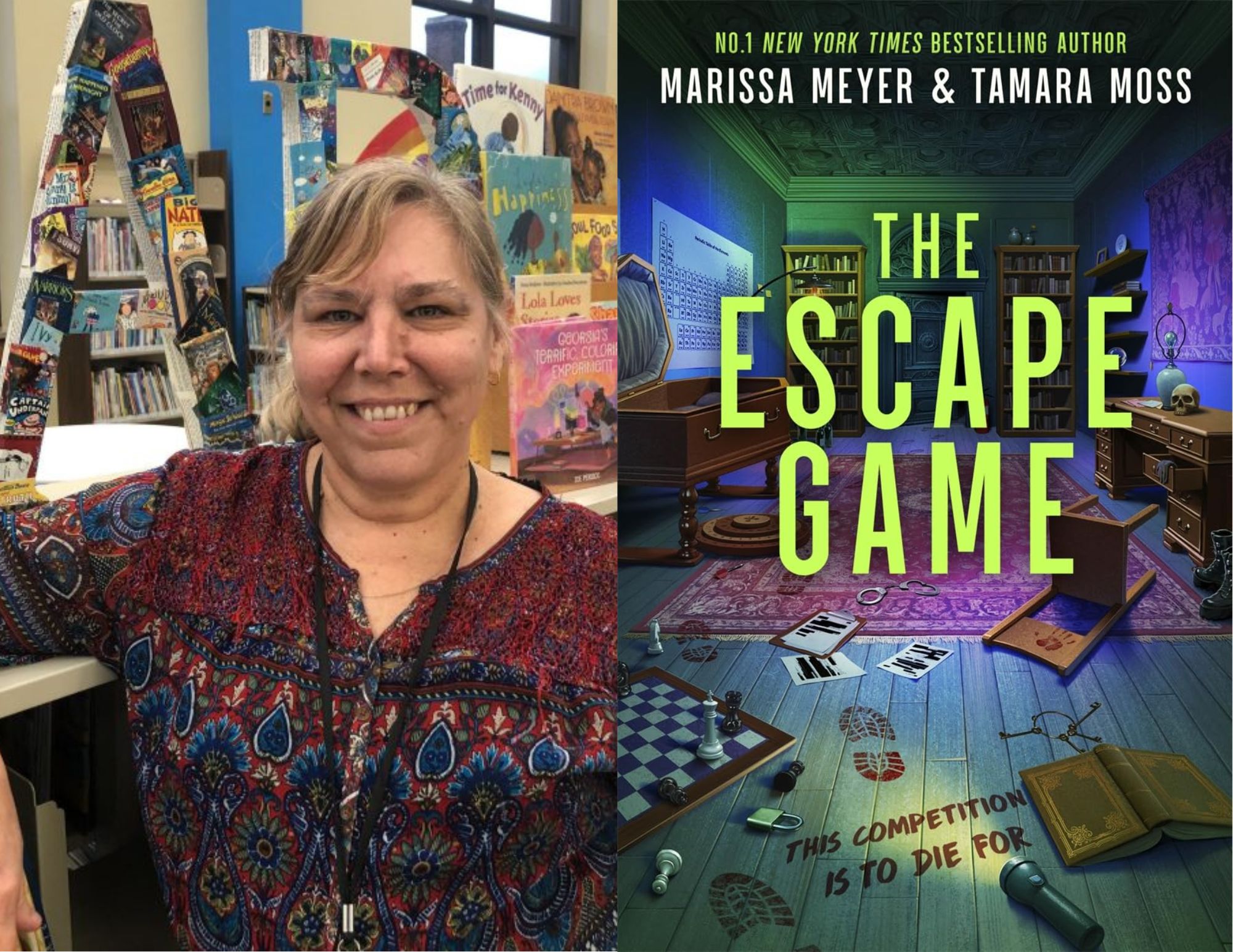 Photo of Beth Morris, the Library/Community Services Manager at the Main Library, beside the cover of The Escape Game by Marissa Meyer.