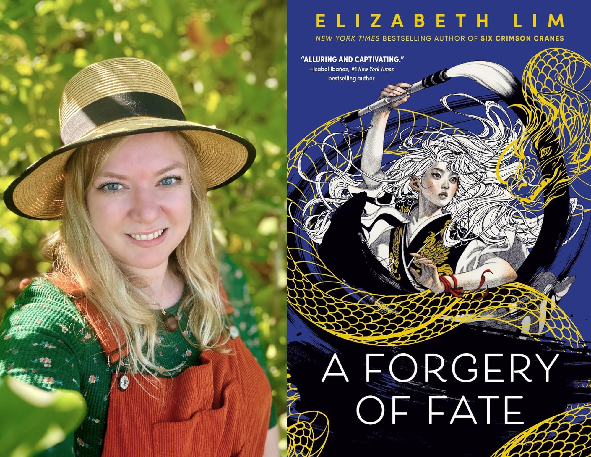 Photo of Genevievre Wood, the Young Adult Coordinator at Richmond Public Library, beside the cover of A Forgery of Fate by Elizabeth Lim.