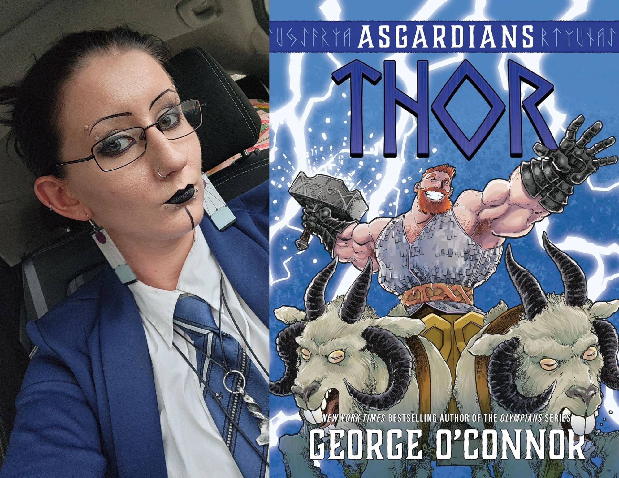Photo of Kelli Young-Kravitz, a young adult associate at the North Avenue branch, beside the cover of Thor by George O'Connor.