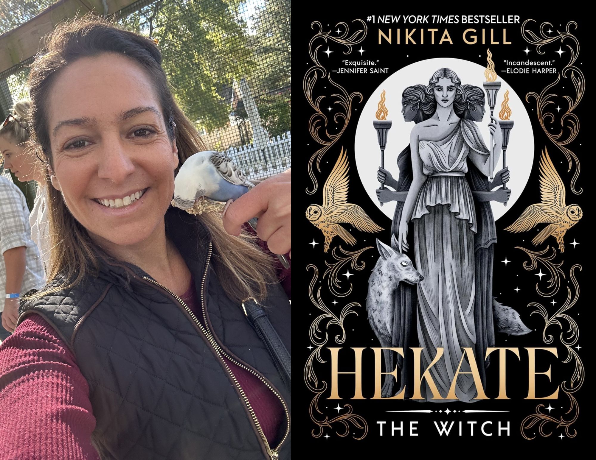 Photo of Lauren Clementi, a youth services associate at the Main branch, beside the cover of Hekate: The Witch by Nikita Gill.