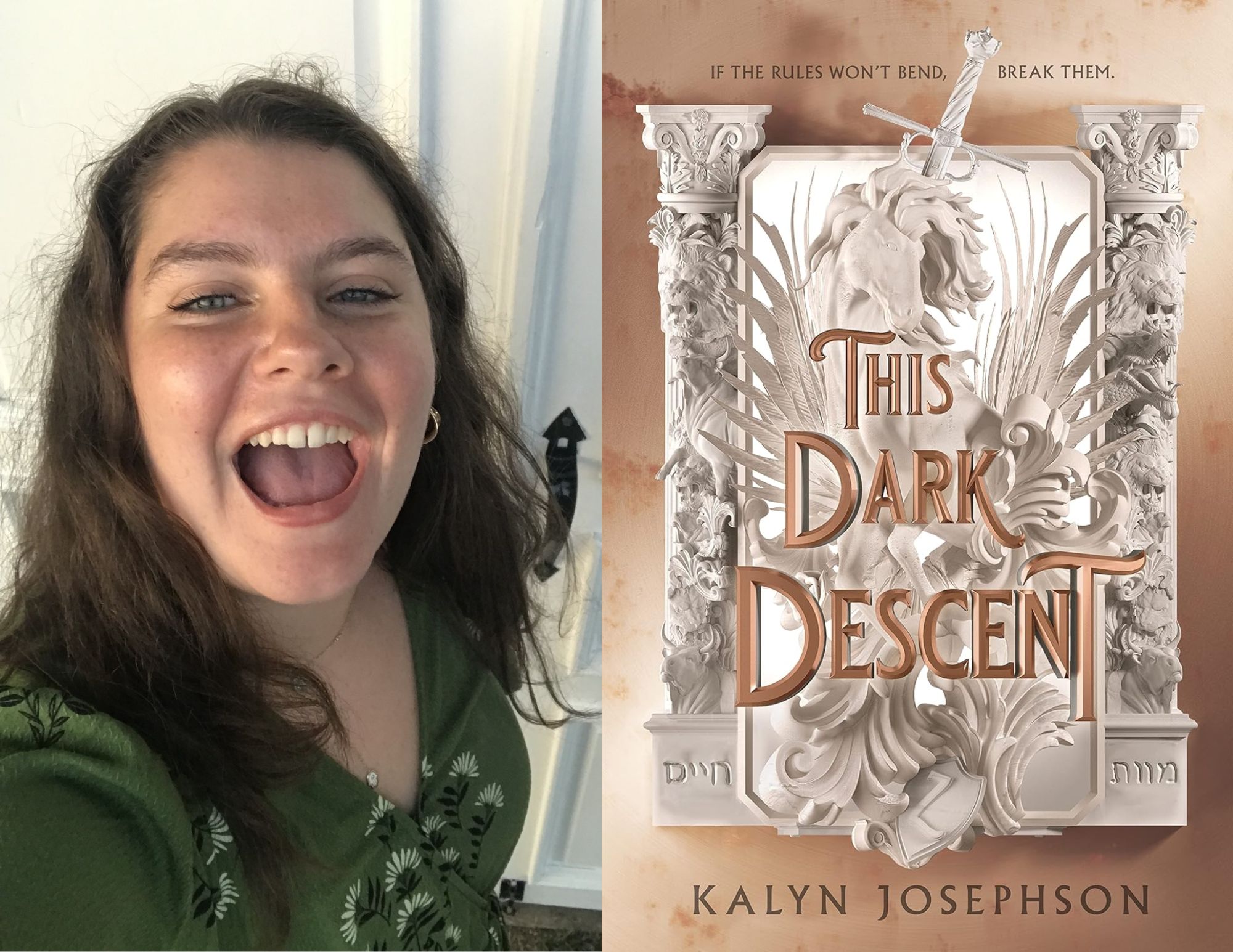 Photo of Lila Derrico, a youth services volunteer at the Main branch, beside the cover of This Dark Descent by Kalyn Josephson.