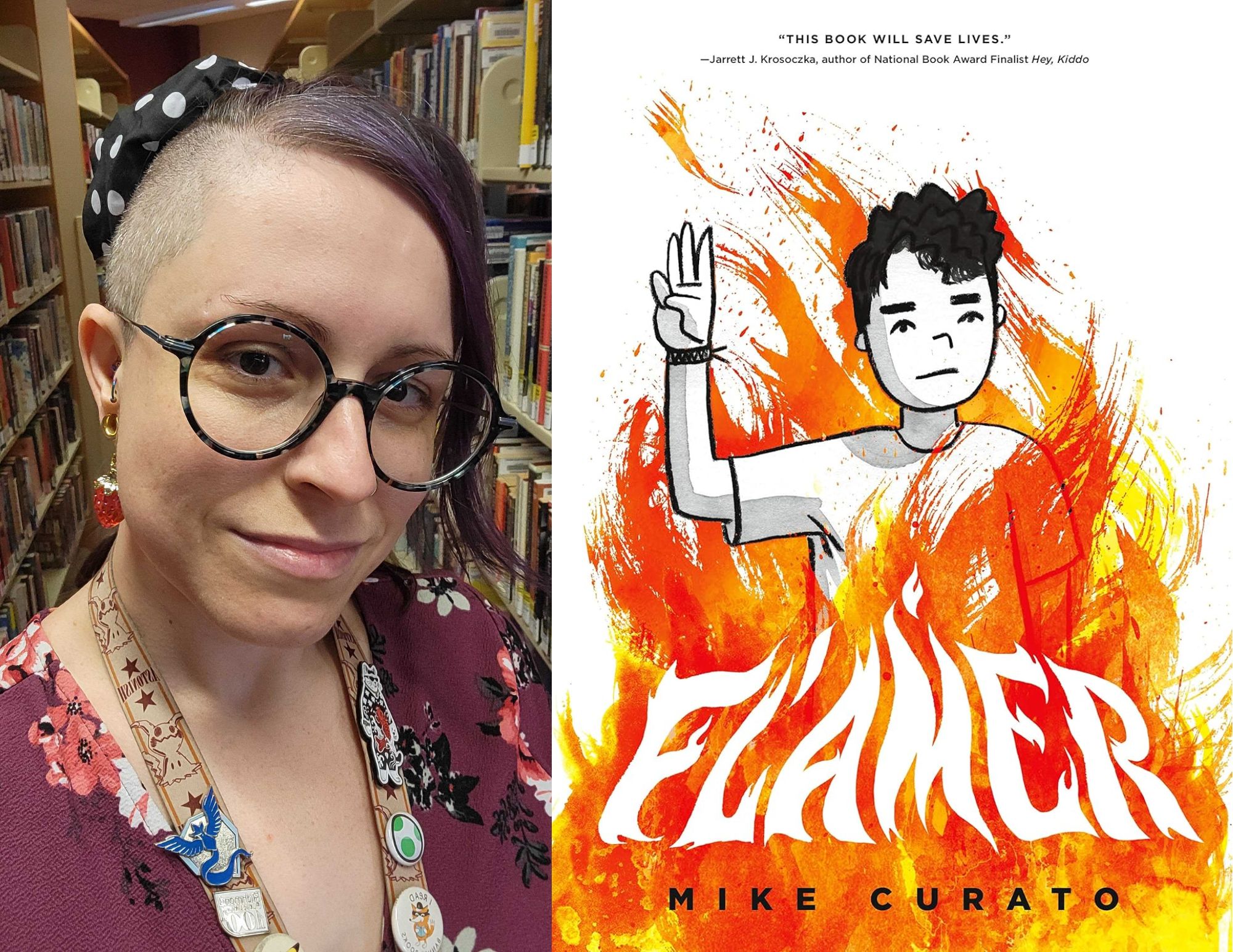 Photo of Nicole Byers, a young adult associate at the East End branch, beside the cover of Flamer by Mike Curato.