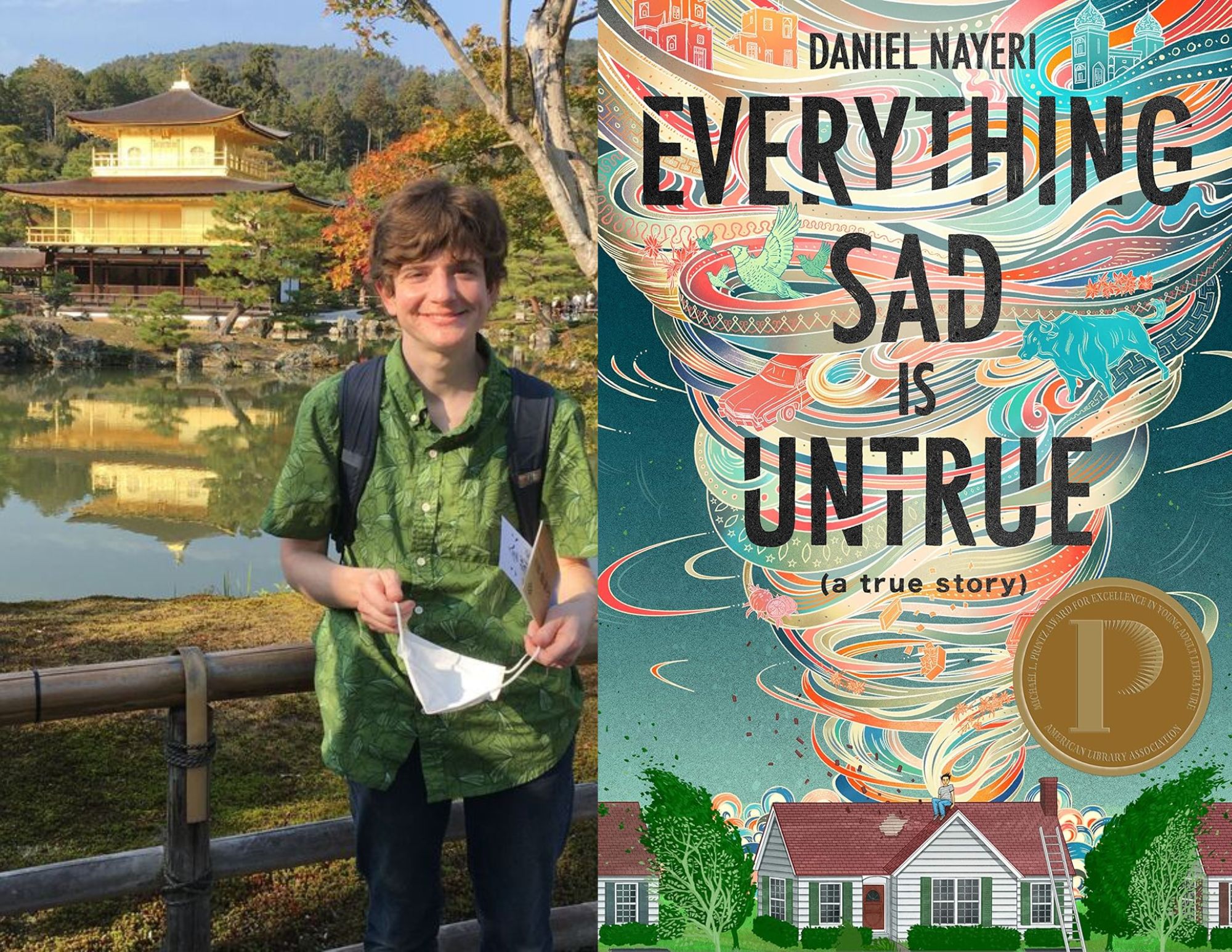 Photo of Rachel Condon, a youth services librarian at the Ginter Park branch, beside the cover of Everything Sad is Untrue (a true story) by Daniel Nayeri.