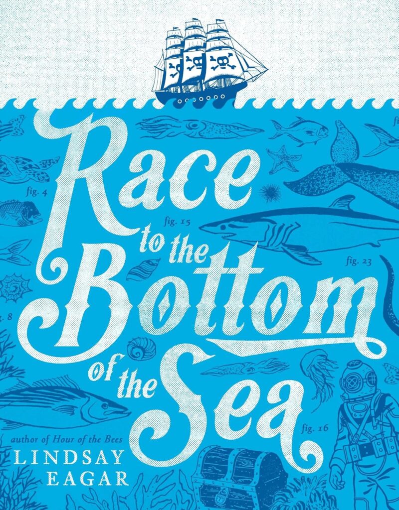Book cover for "Race to the Bottom of the Sea." by Lindsay Edgar. Cover shows a blue book cover with a pirate ship atop ocean waves.