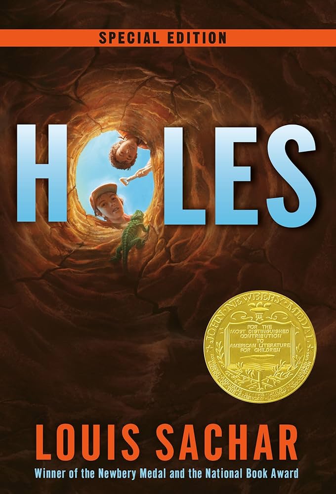 Cover of "Holes" by Louis Sachar. Book cover features a view from inside a hole looking up at two curious boys against the sky. Includes gold Newbery Medal.